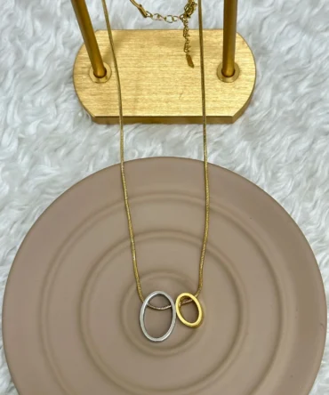 İkili Oval Gümüş ve Altın Renkli Modern Kolye
