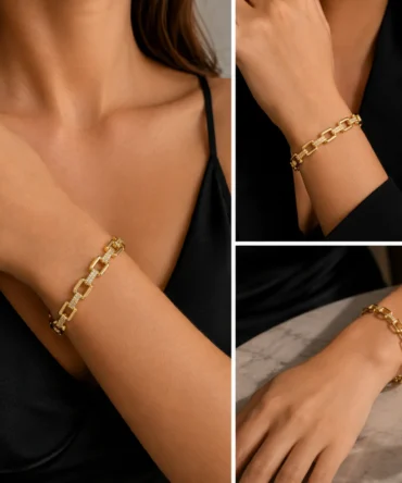 Işıltılı Taş Detaylı Modern Gold Zincir Bileklik