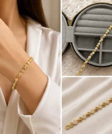 Işıltılı Taşlı Kalp Desenli Gold Bileklik