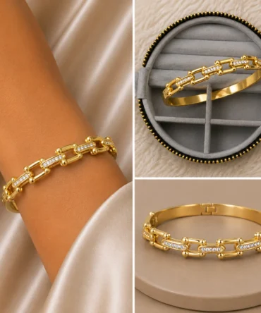 Zincir Detaylı Gold Kelepçe Bileklik | Modern ve Şık Kadın Bileziği