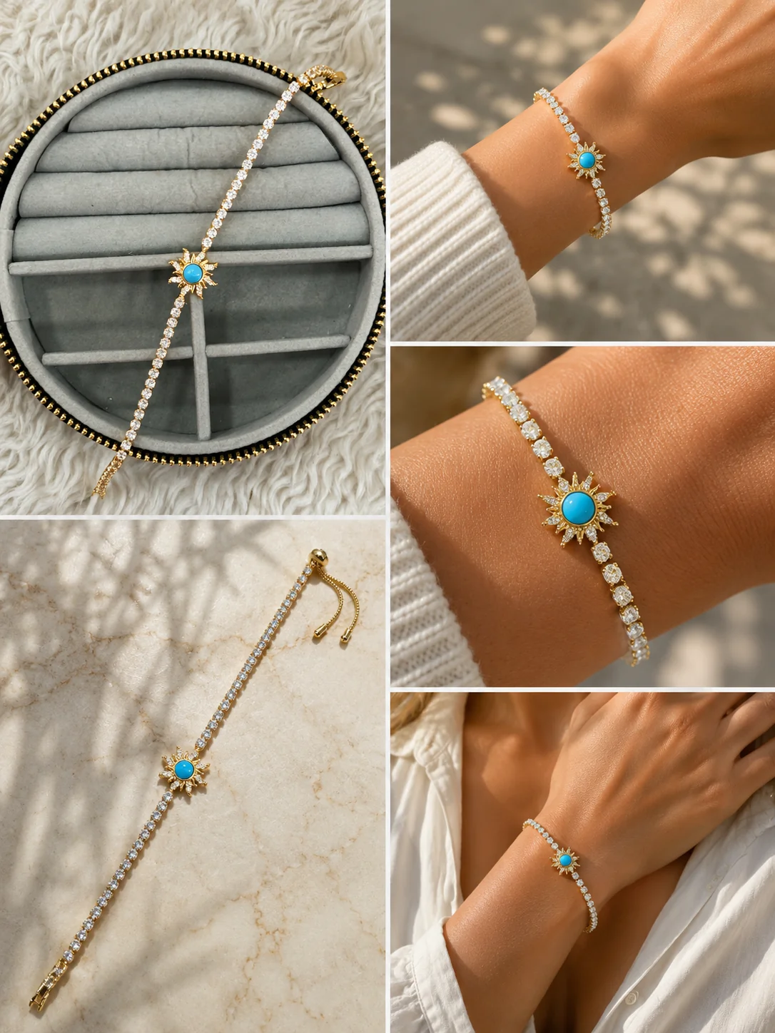 Altın Rengi Turkuaz Taşlı Güneş Figürlü Kadın Bileklik